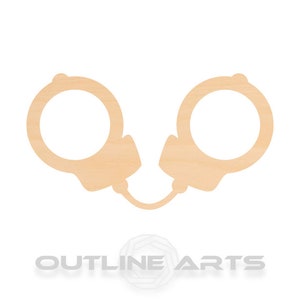 May include: A wooden cutout of a pair of handcuffs. The handcuffs are connected by a chain.