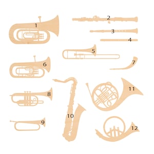 May include: A set of 12 wooden musical instrument cutouts, including a tuba, clarinet, flute, trombone, french horn, saxophone, trumpet, and more. The cutouts are numbered 1 through 12.