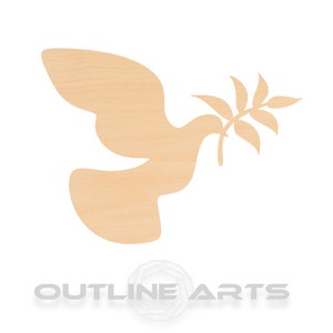 May include: A wooden cutout of a dove with an olive branch in its beak. The dove is a symbol of peace.