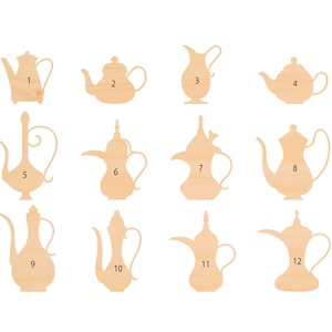 May include: Twelve wooden cutout designs of different teapots and coffee pots. The designs are numbered 1 through 12.