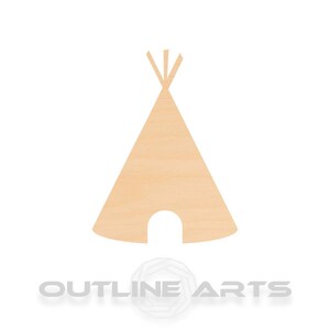 May include: A wooden cutout of a teepee, a traditional Native American dwelling. The teepee is a simple geometric shape with a pointed top and a rectangular base.