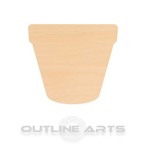 May include: A plain wooden cutout of a flower pot. The pot is a simple, rounded shape with a flat bottom.