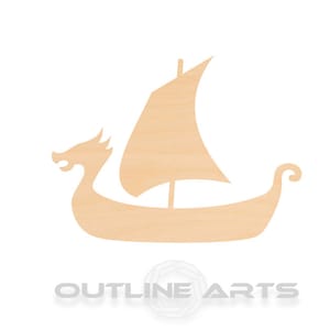 May include: A wooden cutout of a Viking ship with a dragon head at the bow and a single sail. The ship is a silhouette with a light brown color.