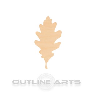May include: A light brown wooden oak leaf cutout. The leaf is a simple silhouette with a pointed tip and rounded edges.