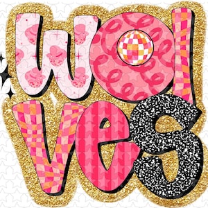 May include: Pink, orange, and black "Wolverines" text with a glittery gold background. The letters are decorated with different patterns, including polka dots, stripes, and checkered designs.