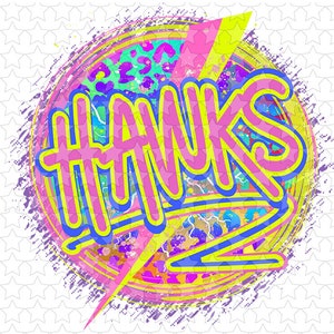 May include: A pink, yellow, and blue graphic design with the word "HAWKS" in a bold, stylized font. The design is set against a background of colorful abstract shapes and a lightning bolt.
