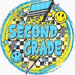 May include: A yellow and blue graphic design with the text "SECOND GRADE" in blue letters. The design features a pencil, a checkered pattern, a lightning bolt, and smiley faces.