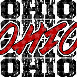 May include: A graphic design featuring the word "Ohio" repeated three times. The word "Ohio" is in black with a distressed look. The middle "Ohio" is in red and is larger than the other two words. The background is a white pattern of red stars.
