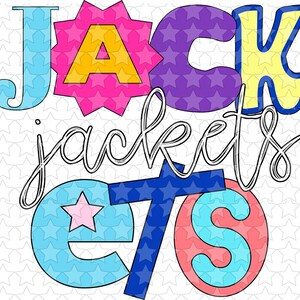 May include: A colorful graphic design with the text "Jackets" in a white cursive font. The letters "J", "A", "C", and "K" are in large, bold, outlined letters with different colors and patterns. The letters "E" and "T" are in smaller, outlined letters with blue and pink colors.