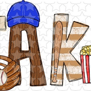 May include: The name "JAKE" is spelled out in large, colorful letters. The "J" is a baseball, the "A" is a wooden baseball bat, the "K" is a baseball bat with brown and white stripes, the "E" is green with a white checkered pattern, and the "A" has a blue baseball cap on top.