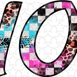May include: The number 407 in a colorful, stylized font. The numbers are outlined in black and filled with a checkered pattern in black, white, pink, and blue. The numbers also have a leopard print pattern in brown, orange, and black.