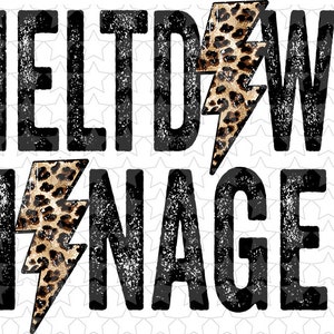 May include: Black and white graphic text that reads "Meltdown Manager" with a leopard print lightning bolt graphic on either side of the text.