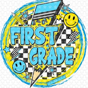 May include: A yellow and blue graphic design with the text "FIRST GRADE" in blue letters. The design features a checkered pattern, a lightning bolt, a pencil, and a smiley face.