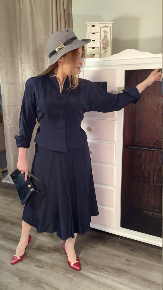 1930's - 1940's Fitted Women's Navy Suit with Half