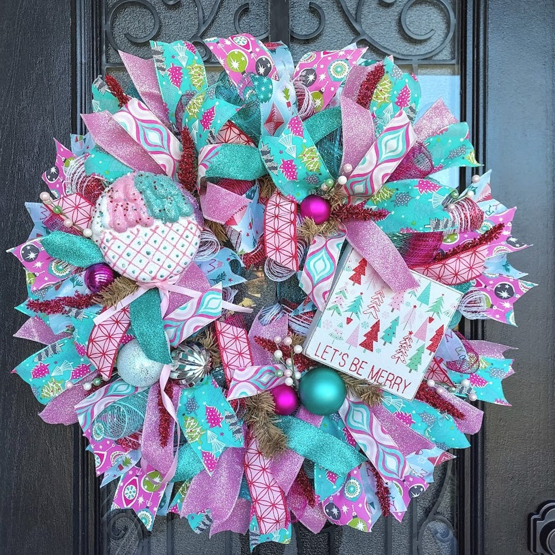 Teal and Pink Christmas Wreath, Bubble Gum Pink Christmas Wreath, Let's