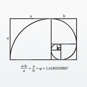 Puede incluir: Un dibujo en blanco y negro de una espiral dorada, un concepto matemático que aparece en la naturaleza. La ecuación de la proporción áurea se muestra debajo de la espiral.
