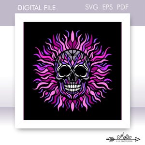 May include: A digital print of a skull design with a flame-like pattern in pink, purple, and grey on a black background. The words "DIGITAL FILE SVG EPS PDF" are at the top. The design is framed in a white border. The image is a digital file.