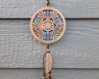 Flower Mandala Suncatcher | Laser Cut Wood with Repurposed DVDs