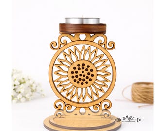 Sunflower Tea Candle Holder Digital File: Laser Cut SVG, PDF, EPS (3mm Wood)