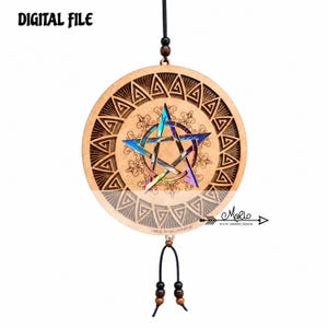 May include: A circular wooden hanging ornament featuring an iridescent pentagram at the centre, surrounded by a geometric border pattern. The text DIGITAL FILE is at the top left, and the text M M GRAPHIC DESIGN is at the bottom right.