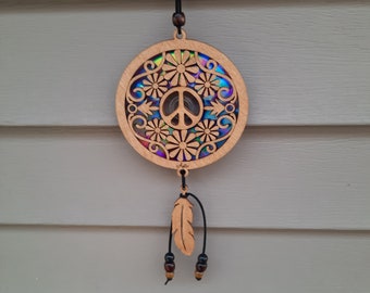 Peace Suncatcher | Laser Cut Wood with Repurposed DVDs