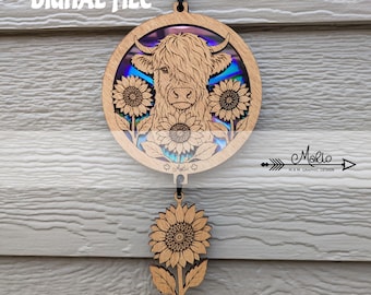 Highland Cow with Sunflowers Suncatcher | Double sided | Laser Cut File | Repurposed DVD (svg, pdf, eps - Digital File)
