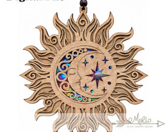Sun Moon & Stars Suncatcher | 243mm (9.5 inches) in Diameter  |  Repurposing DVDs | Laser Cut File | SVG, PDF, EPS | Digital File