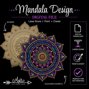 May include: A digital file for a mandala design featuring a laser-scored wood version and a finished colored example with purple, blue, and gold dots. The graphic includes text reading Mandala Design, Digital File, Laser Score, Paint, Create, and icons.