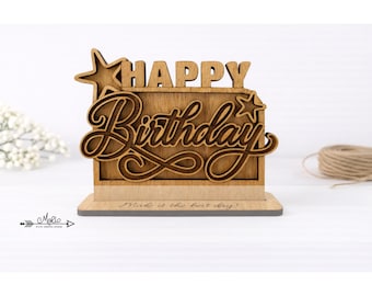 Soporte de 2 capas con la inscripción "Feliz Cumpleaños" / Corte láser / SVG, EPS, PDF / Descarga instantánea