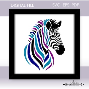 May include: A framed digital print of a zebra head. The zebra design features black and white stripes with blue, purple, and teal accents. The top of the image reads "DIGITAL FILE SVG EPS PDF". The artist's signature is in the bottom right corner of the image.