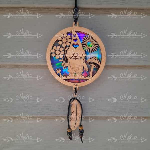 Gnome with Flowers Suncatcher | Repurposing DVDs | Laser Cut File | SVG, PDF, EPS | Digital File