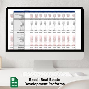 May include: A computer monitor displays an Excel spreadsheet titled "Real Estate Development Proforma." The spreadsheet contains rows and columns of financial data. A keyboard, mouse, and pen holder are on the desk. The Excel icon is visible.
