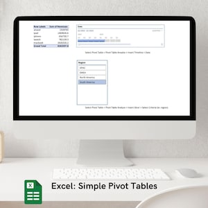 Może przedstawiać: Monitor komputera wyświetla arkusz kalkulacyjny Excel z danymi i opcjami tabeli przestawnej. Ekran pokazuje dane dotyczące przychodów dla różnych produktów. Obraz zawiera klawiaturę, mysz i drewniany uchwyt na długopisy.