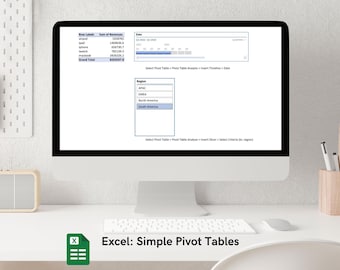 May include: A computer monitor displays an Excel spreadsheet with data and pivot table options. The screen shows revenue figures for various products. The image includes a keyboard, mouse, and a wooden pen holder.