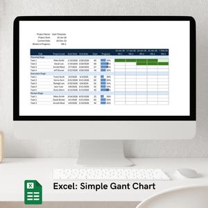 May include: A computer monitor displays a Gantt chart template in a spreadsheet program. The chart shows project tasks, start and end dates, and progress bars. The text "Excel: Simple Gantt Chart" is visible below the monitor.