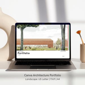 Plantilla editable para portafolio profesional de arquitectura / Presentación para solicitud de maestría y entrevista de trabajo / Diseño Canva de 16 páginas