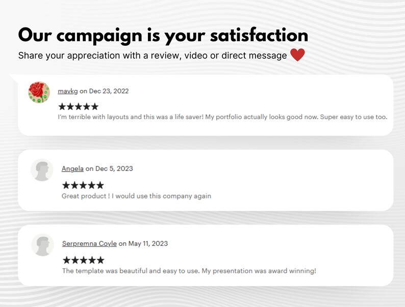 May include: Screenshot of a website with customer reviews. The website has a white background with a red heart icon. The reviews are from three customers, with five-star ratings and positive comments about the product.