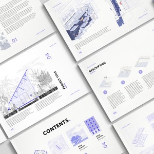 May include: A white and blue architectural design project with the title "PROJECT TITLE" and the subtitle "Subtitle". The project includes a description, contents, and a series of numbered steps.