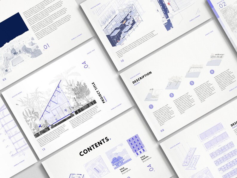 May include: A white and blue architectural design project with the title "PROJECT TITLE" and the subtitle "Subtitle". The project includes a description, contents, and a series of numbered steps.