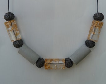 Minimalist Necklace, Concrete Necklace, Concrete gold flakes with resin beads