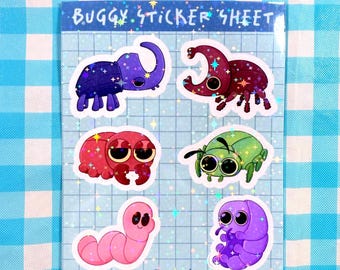 May include: A sticker sheet with six colorful bug-themed stickers. The sheet features a purple elephant bug, a burgundy beetle bug, a red crab bug, a green spider bug, a pink worm bug, and a purple caterpillar bug. The text "Buggy Sticker Sheet" is at the top.