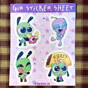 Invader Zim Sticker Sheet – 4.3"x5.4" Vinyl Stickers Featuring GIR and Mini Moose, Cartoon Alien Decals for Laptops and Journals