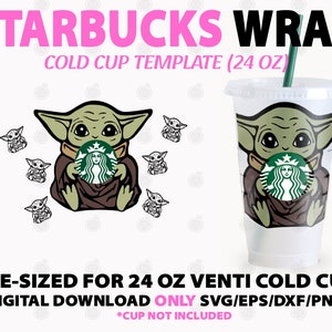 Puede incluir: Una plantilla de descarga digital para una envoltura de vaso frío de 24 onzas con un personaje de dibujos animados sosteniendo un logotipo de Starbucks. La plantilla está predimensionada para un vaso frío venti e incluye archivos SVG, EPS, DXF y PNG.  "STARBUCKS WRAP COLD CUP TEMPLATE (24 OZ)" y "PRE-SIZED FOR 24 OZ VENTI COLD CUP DIGITAL DOWNLOAD ONLY SVG/EPS/DXF/PNG *CUP NOT INCLUDED" están escritos en rosa en la imagen.
