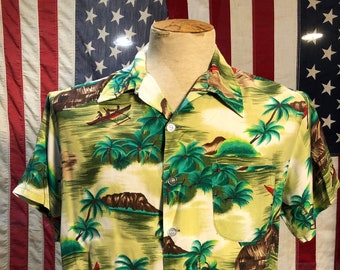 Rare Authentic Hawaiian Shirt 1950's Original Aloha National Made in Japan 100% Rayon  / Size Men's Large