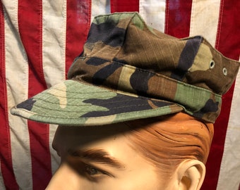 Military Surplus 1980's USGI USMC Issued original Marine Fatigue Hat Cap woodland camouflage / Size Medium