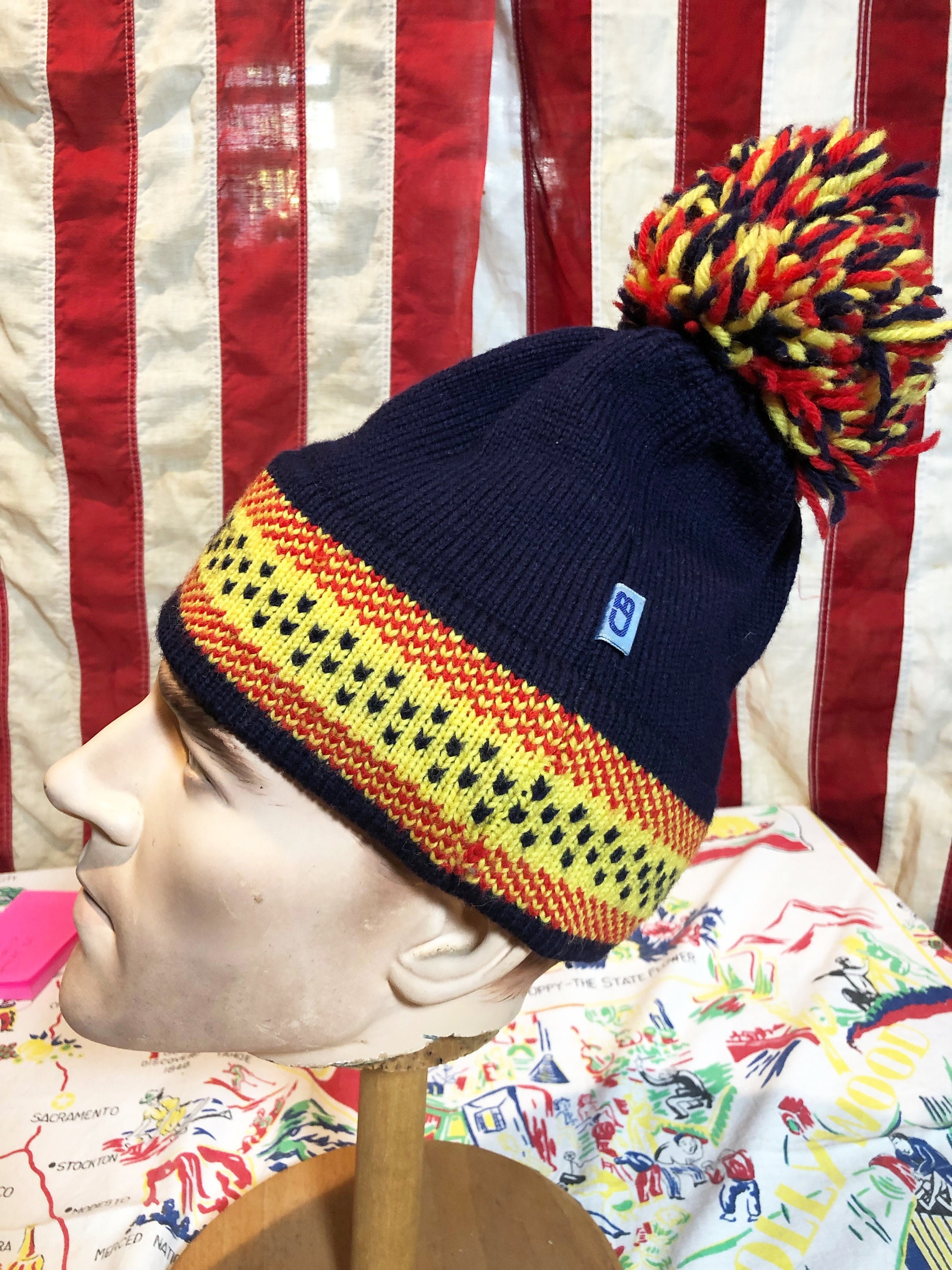 Vintage CB Sports Ski Hat Cap 1970's Dark Blue All Wool With Racing