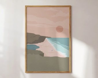 Surfer Art Print, Sunset, Surfing, California, Beach, Sun, Illustration, Art Print, Boho Style