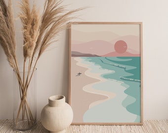 Sunset Surf Print, Sea, Surfer, Surfboard, Surfer Girl, Beach, Boho Art Print, Summer, Ocean, Waves, Wall Art, Cornwall, California, Coastal