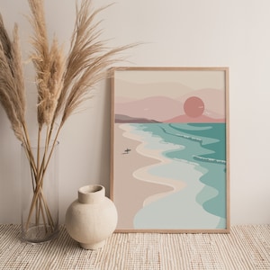 Surf Print, Surfer, Ocean, Wall Art, Boho Home Decor, Sunset, Pastel Colours, Sunshine, Surfing, Art Print, Christmas Gift, Cornwall, California