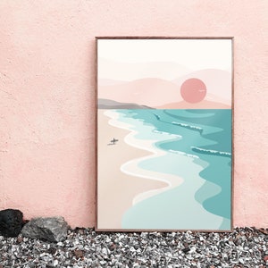 Sunset Surf Print, Sea, Surfer, Surfboard, Surfer Girl, Beach, Boho Art Print, Summer, Ocean, Waves, Wall Art, Cornwall, California, Coastal image 3